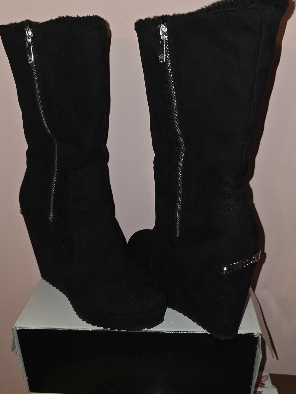 Juicy Couture Black Suede-Look Wedge Mid-Calf Boots